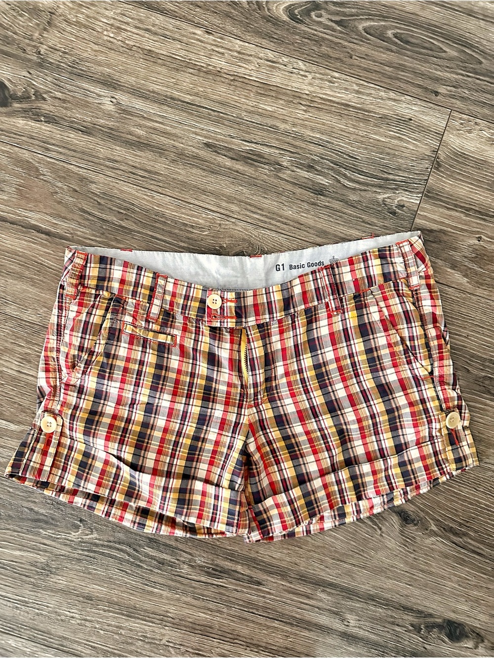 G1 Basic Goods Women’s Plaid Bermuda Shorts in Red & Yellow